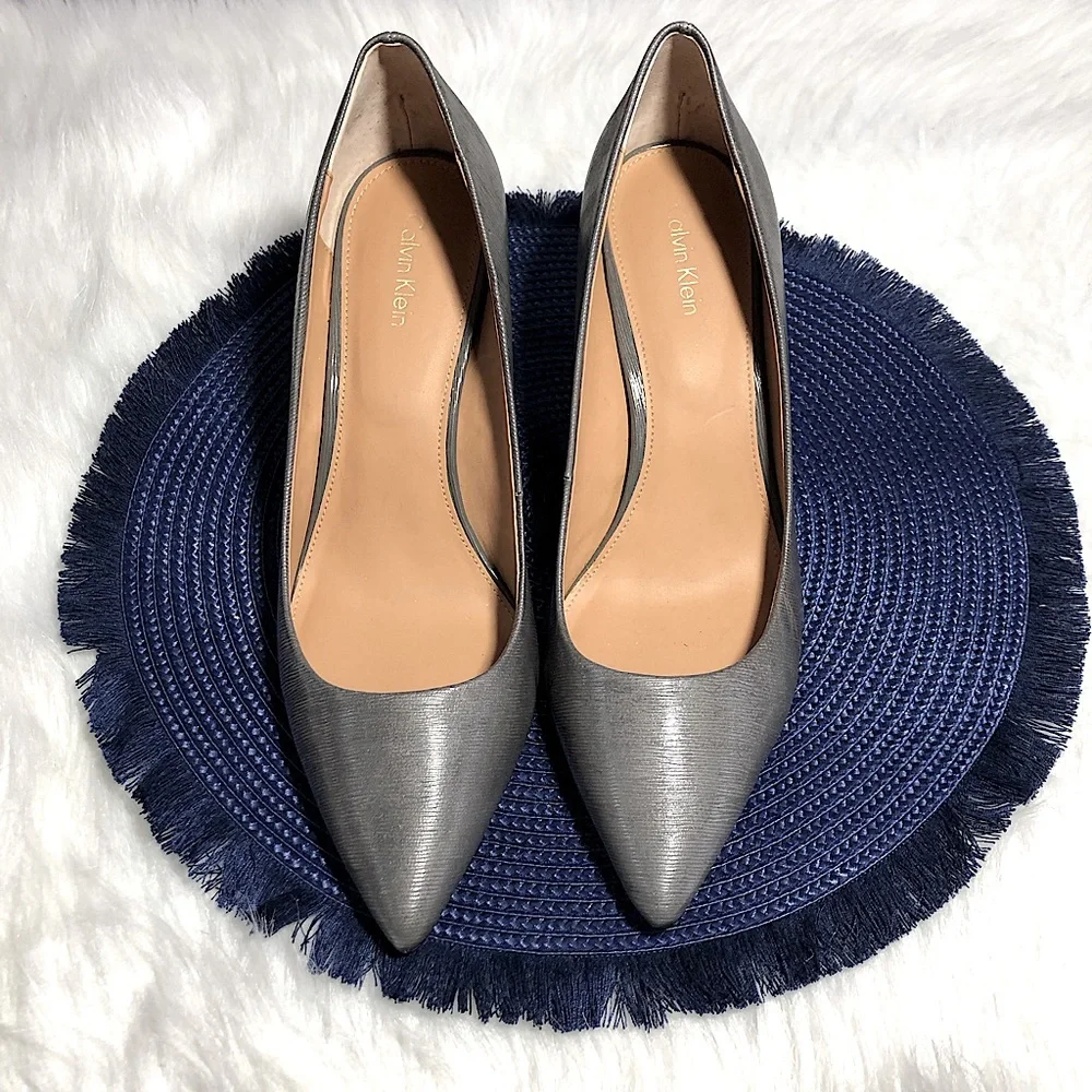 Calvin Klein Gray Pointed-Toe Kitten Heel Pumps